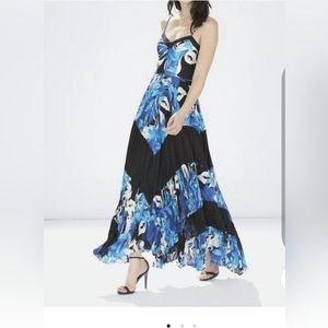New NWT PARKER Blue Gardenia Print Silk Maxi Dress w/ Accordian Pleats M